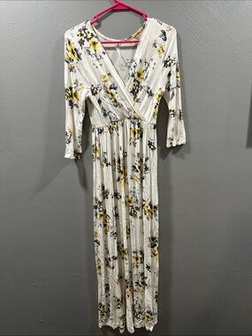 White Floral Wrap Maxi Dress with Yellow Accents
